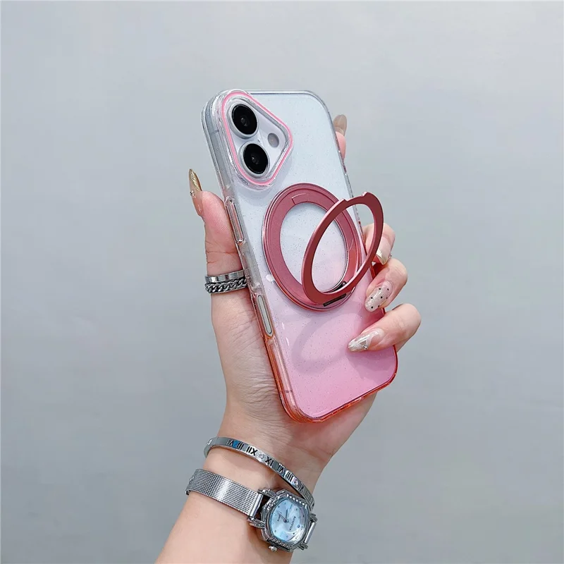 For iPhone 17 Magnetic Case 360 Rotating Ring Kickstand Gradient Clear TPU Phone Back Cover - Pink