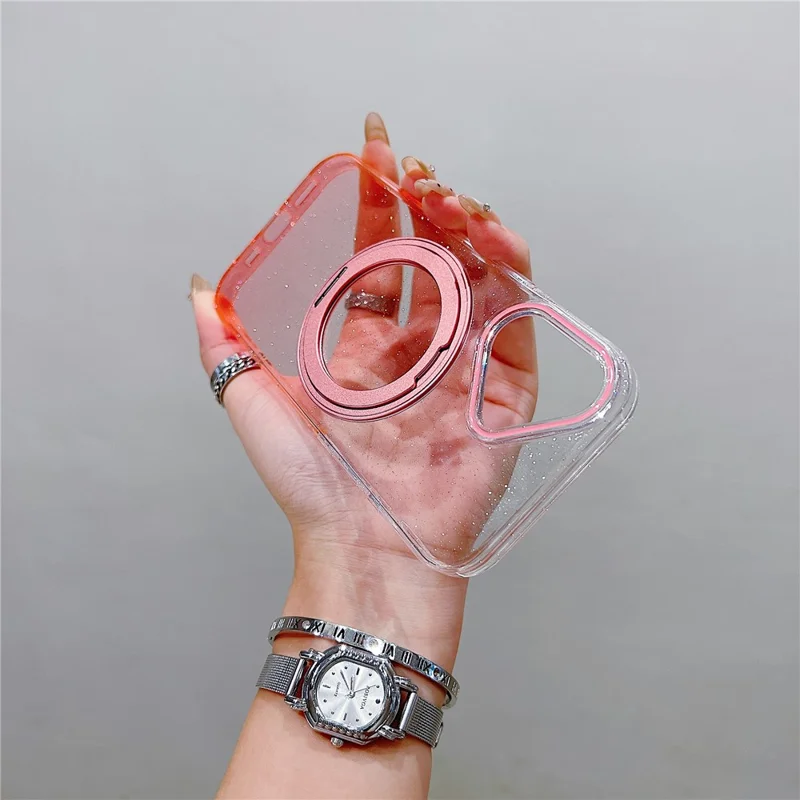 For iPhone 17 Magnetic Case 360 Rotating Ring Kickstand Gradient Clear TPU Phone Back Cover - Pink
