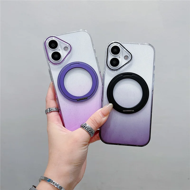 For iPhone 17 Magnetic Case 360 Rotating Ring Kickstand Gradient Clear TPU Phone Back Cover - Pink