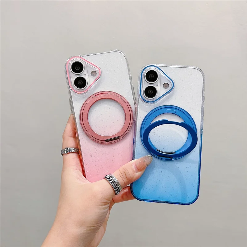 For iPhone 17 Magnetic Case 360 Rotating Ring Kickstand Gradient Clear TPU Phone Back Cover - Pink
