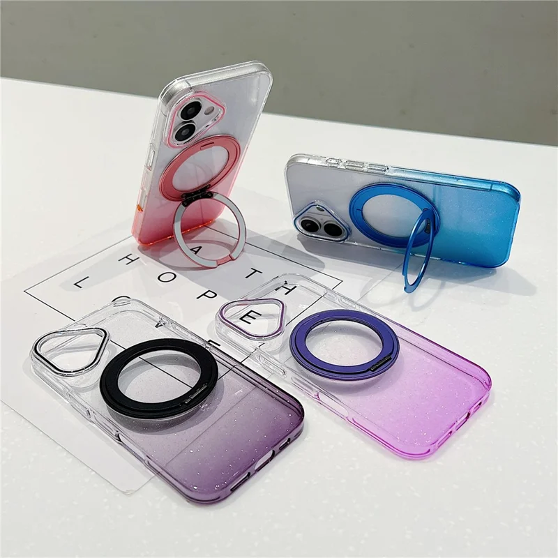 For iPhone 17 Magnetic Case 360 Rotating Ring Kickstand Gradient Clear TPU Phone Back Cover - Pink