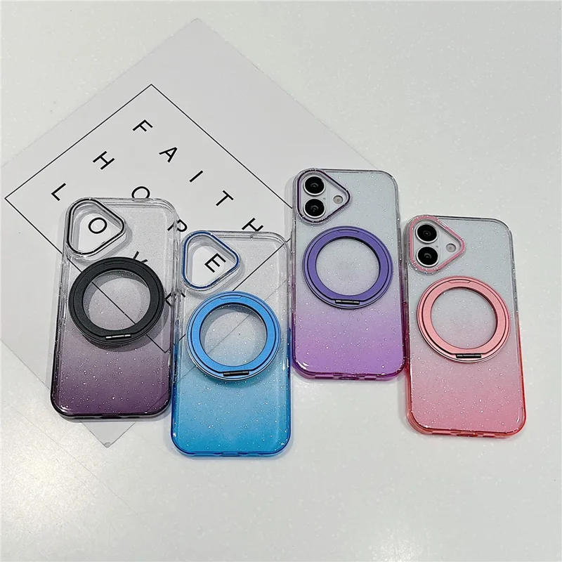 For iPhone 17 Magnetic Case 360 Rotating Ring Kickstand Gradient Clear TPU Phone Back Cover - Pink