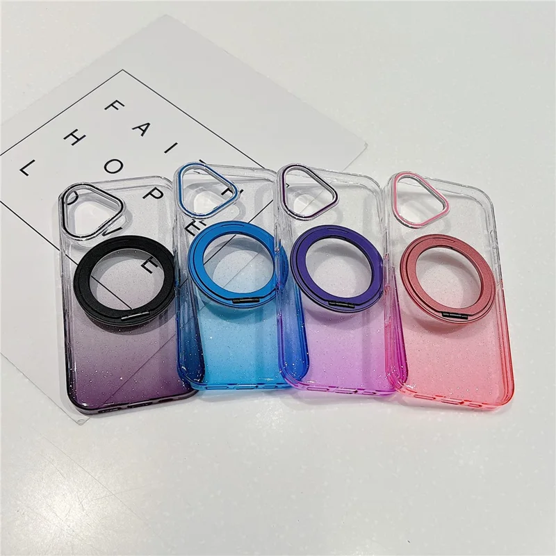 For iPhone 17 Magnetic Case 360 Rotating Ring Kickstand Gradient Clear TPU Phone Back Cover - Pink