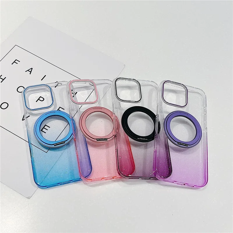 For iPhone 16 Pro Magnetic Case 360 Rotating Ring Kickstand Gradient Clear TPU Phone Back Cover - Pink