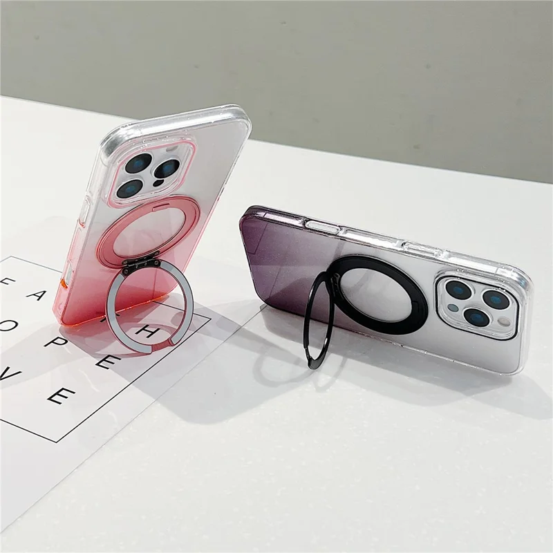 For iPhone 16 Pro Magnetic Case 360 Rotating Ring Kickstand Gradient Clear TPU Phone Back Cover - Pink