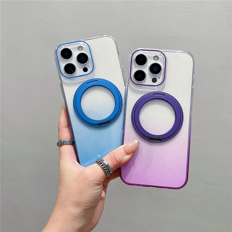 For iPhone 16 Pro Magnetic Case 360 Rotating Ring Kickstand Gradient Clear TPU Phone Back Cover - Pink
