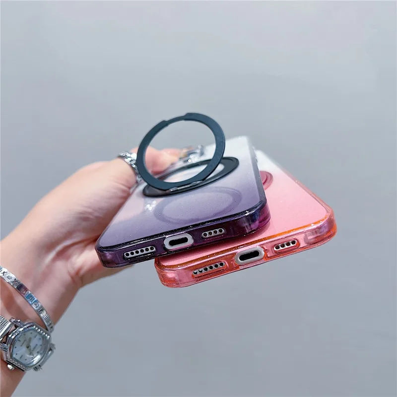 For iPhone 16 Pro Magnetic Case 360 Rotating Ring Kickstand Gradient Clear TPU Phone Back Cover - Pink