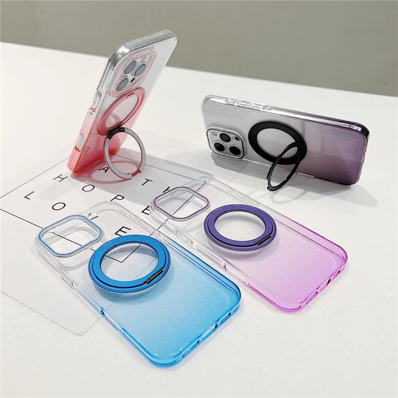 For iPhone 16 Pro Magnetic Case 360 Rotating Ring Kickstand Gradient Clear TPU Phone Back Cover - Pink