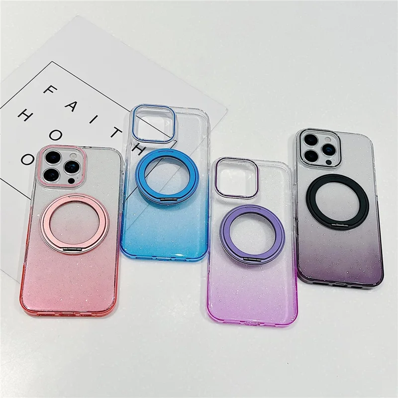 For iPhone 16 Pro Magnetic Case 360 Rotating Ring Kickstand Gradient Clear TPU Phone Back Cover - Pink