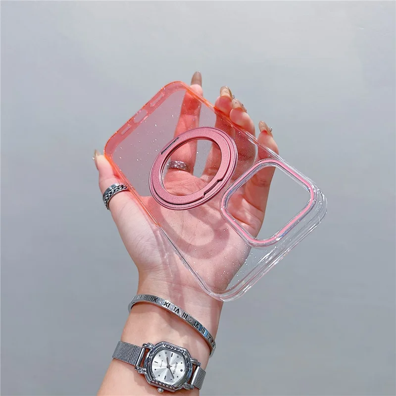 For iPhone 16 Pro Max Magnetic Case 360 Rotating Ring Kickstand Gradient Clear TPU Phone Back Cover - Pink