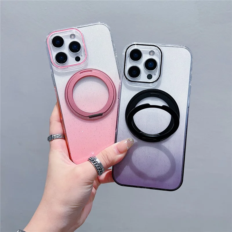 For iPhone 16 Pro Max Magnetic Case 360 Rotating Ring Kickstand Gradient Clear TPU Phone Back Cover - Pink