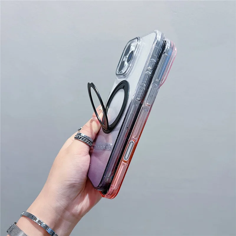 For iPhone 16 Pro Max Magnetic Case 360 Rotating Ring Kickstand Gradient Clear TPU Phone Back Cover - Pink
