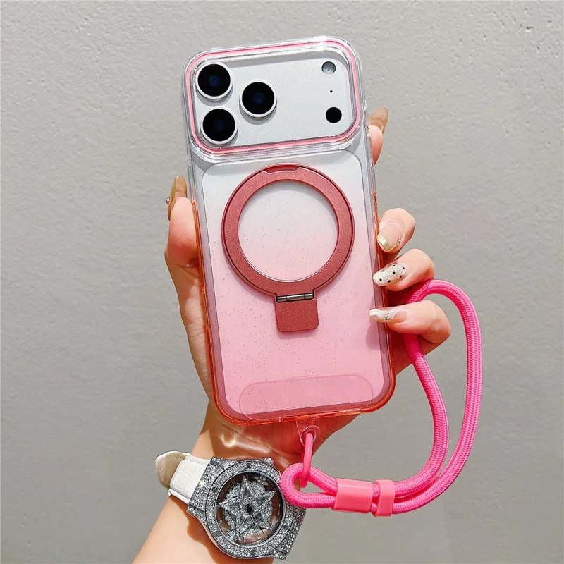 iPhone 17 Pro Magnetische Hülle Ständer Gradient Transparent TPU Handyhülle mit Handgelenkschlaufe - Rosa