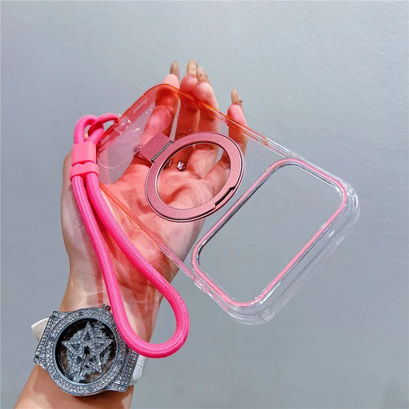 iPhone 17 Pro Magnetische Hülle Ständer Gradient Transparent TPU Handyhülle mit Handgelenkschlaufe - Rosa