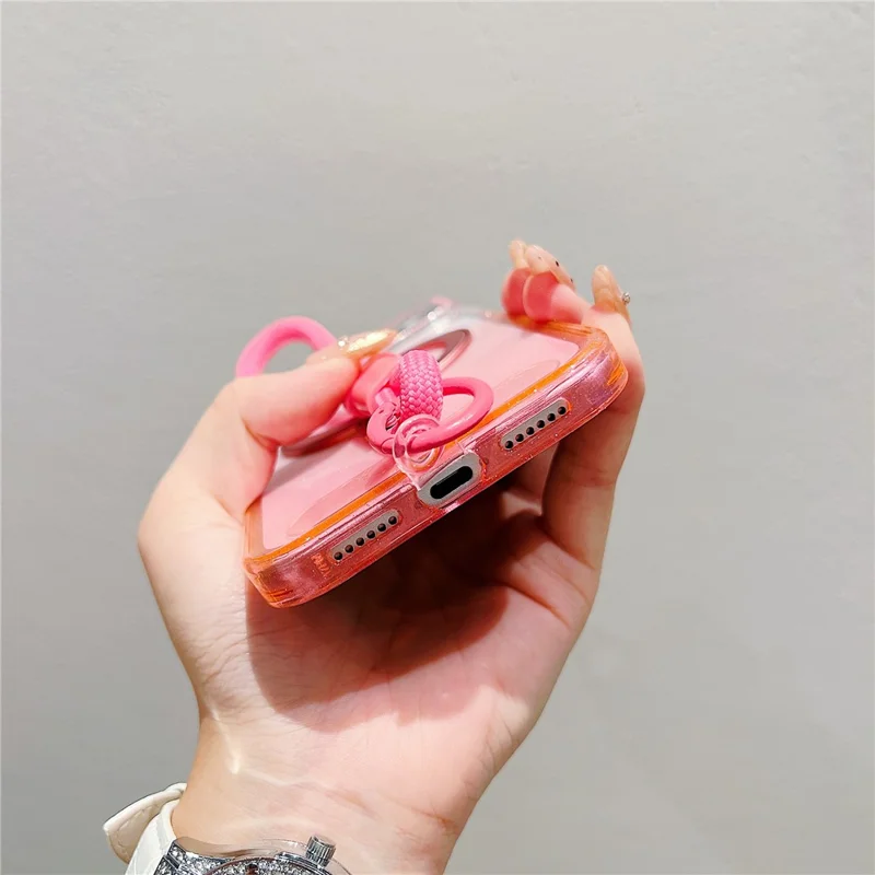 iPhone 17 Pro Magnetische Hülle Ständer Gradient Transparent TPU Handyhülle mit Handgelenkschlaufe - Rosa