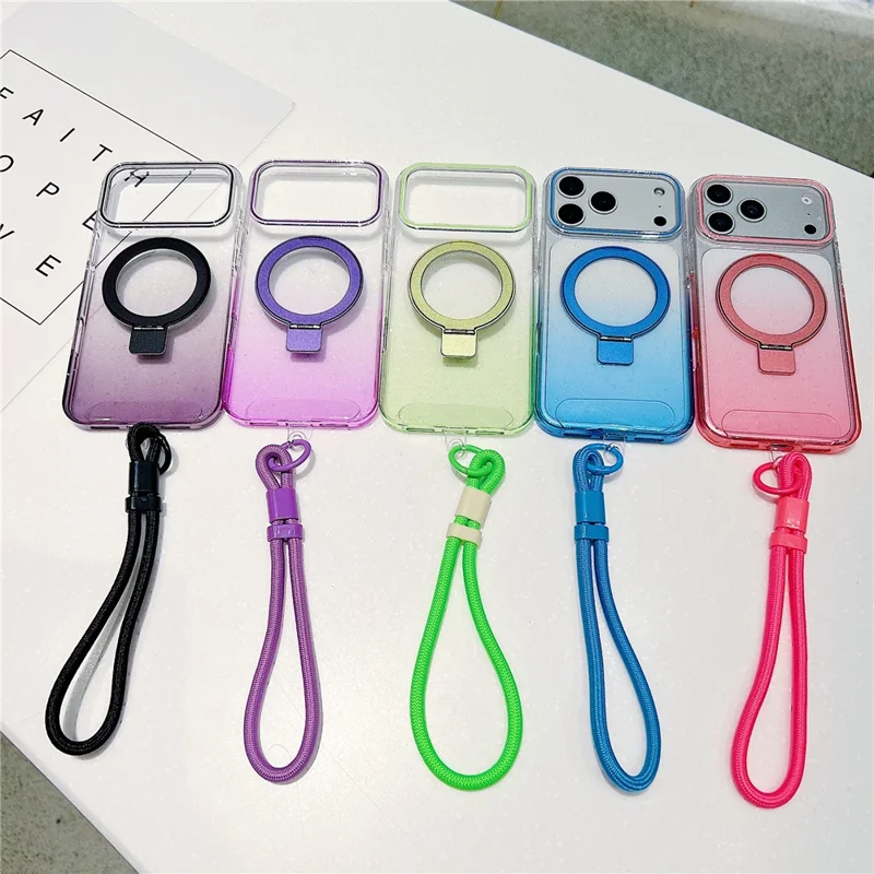 iPhone 17 Pro Magnetische Hülle Ständer Gradient Transparent TPU Handyhülle mit Handgelenkschlaufe - Rosa