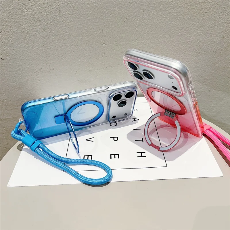 For iPhone 17 Pro Max Magnetic Case Kickstand Gradient Clear TPU Phone Back Cover with Wrist Strap - Pink