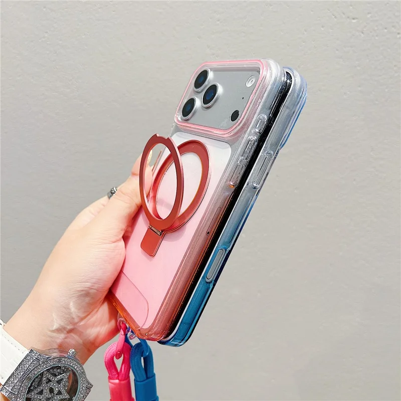 For iPhone 17 Pro Max Magnetic Case Kickstand Gradient Clear TPU Phone Back Cover with Wrist Strap - Pink