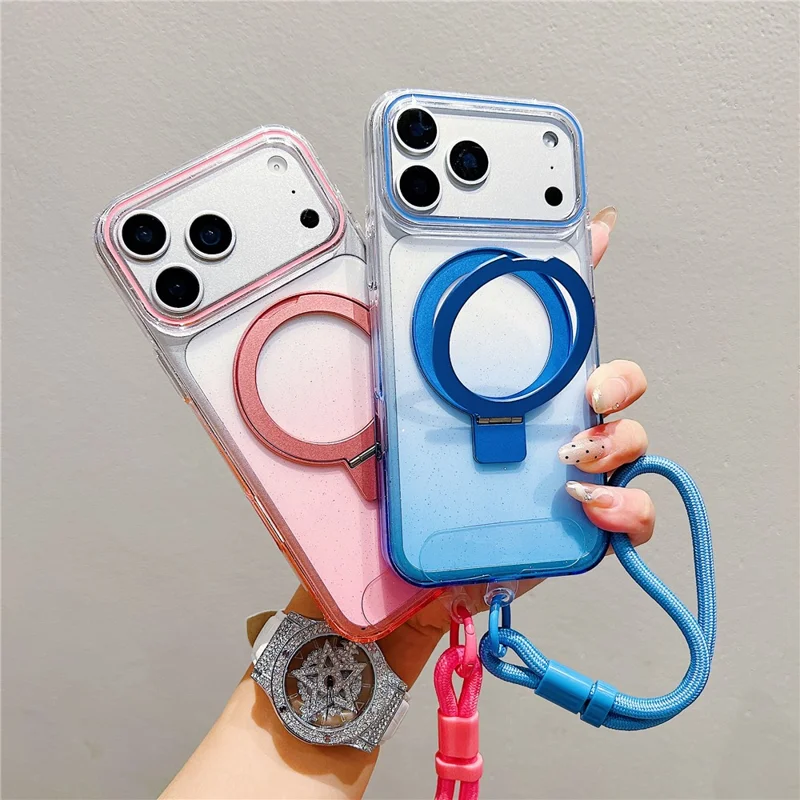 For iPhone 17 Pro Max Magnetic Case Kickstand Gradient Clear TPU Phone Back Cover with Wrist Strap - Pink