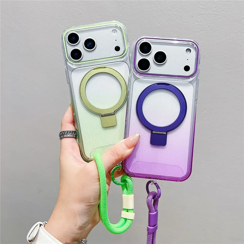 For iPhone 17 Pro Max Magnetic Case Kickstand Gradient Clear TPU Phone Back Cover with Wrist Strap - Pink