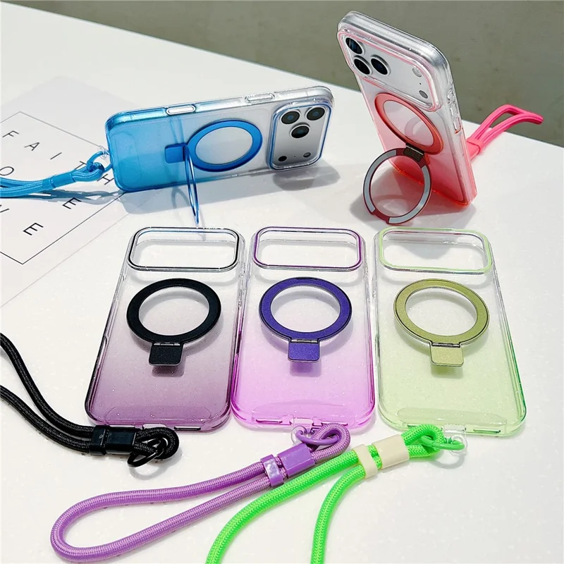 For iPhone 17 Pro Max Magnetic Case Kickstand Gradient Clear TPU Phone Back Cover with Wrist Strap - Pink