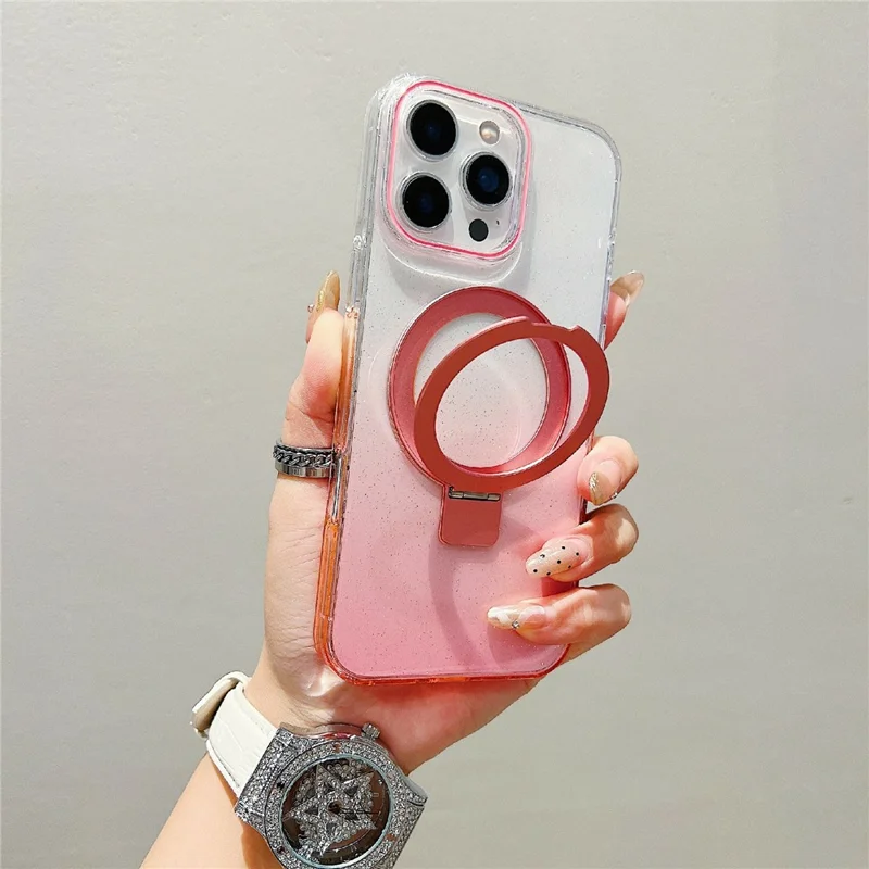 For iPhone 16 Pro Max Magnetic Case Kickstand Gradient Clear TPU Phone Back Cover - Pink