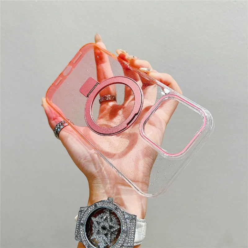 For iPhone 16 Pro Max Magnetic Case Kickstand Gradient Clear TPU Phone Back Cover - Pink