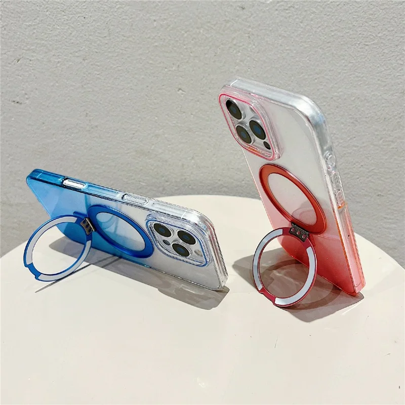 For iPhone 16 Pro Max Magnetic Case Kickstand Gradient Clear TPU Phone Back Cover - Pink