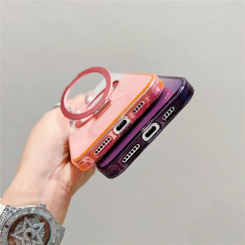 For iPhone 16 Pro Max Magnetic Case Kickstand Gradient Clear TPU Phone Back Cover - Pink