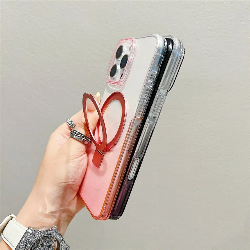 For iPhone 16 Pro Max Magnetic Case Kickstand Gradient Clear TPU Phone Back Cover - Pink