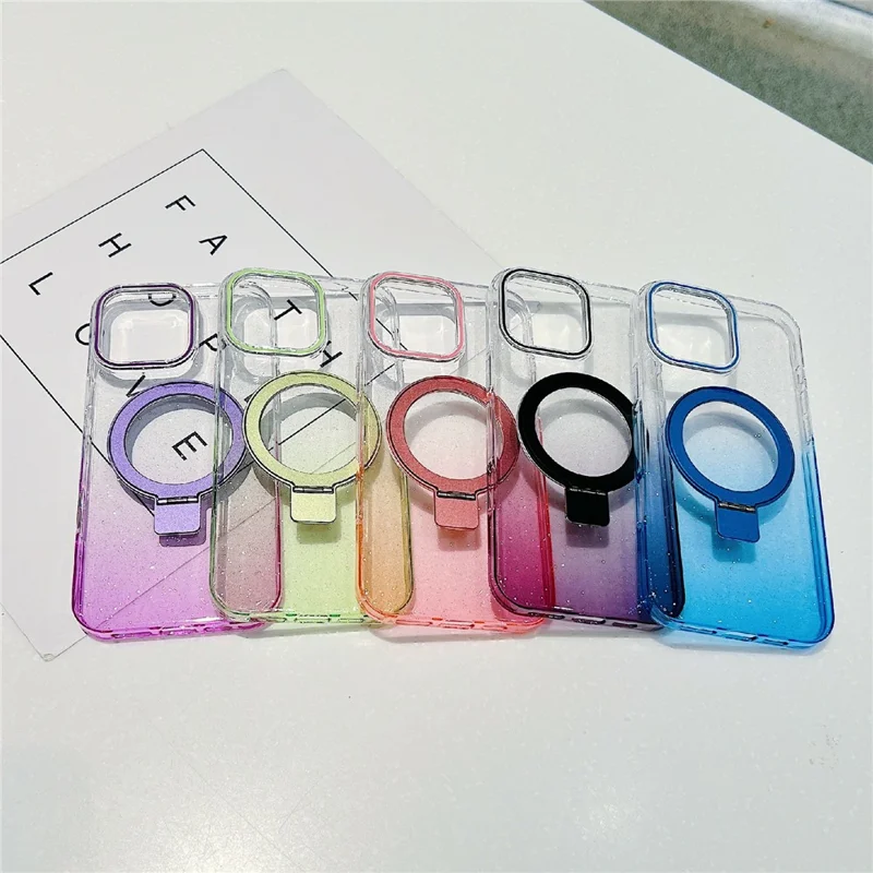 For iPhone 16 Pro Max Magnetic Case Kickstand Gradient Clear TPU Phone Back Cover - Pink