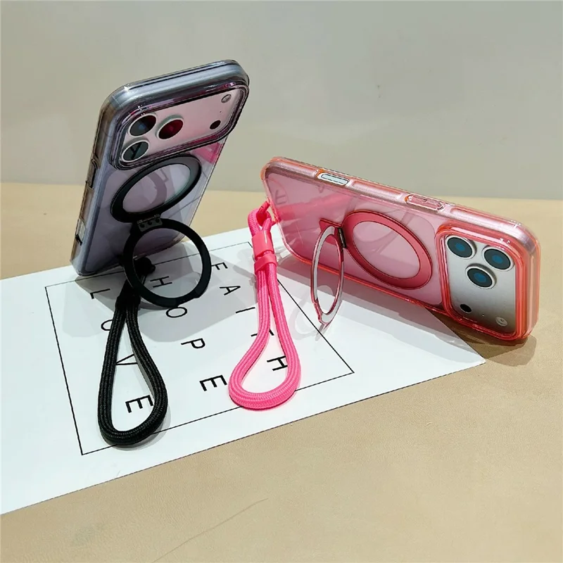 For iPhone 17 Pro Magnetic Case Kickstand Clear TPU Phone Back Cover with Wrist Strap - Pink