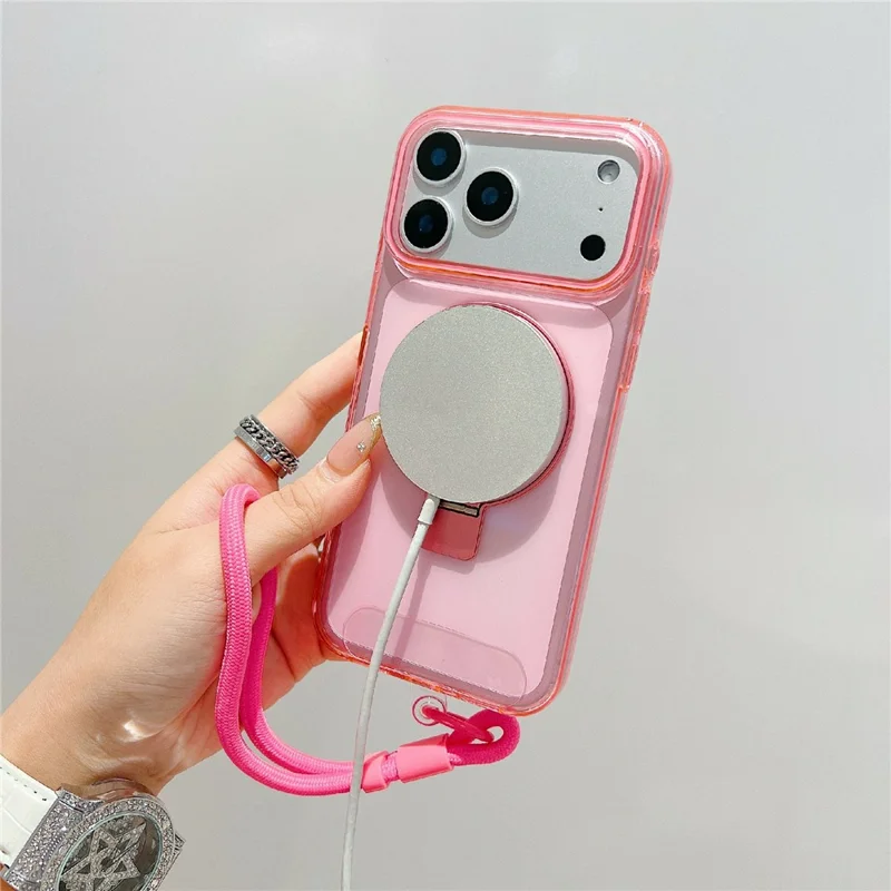 For iPhone 17 Pro Magnetic Case Kickstand Clear TPU Phone Back Cover with Wrist Strap - Pink