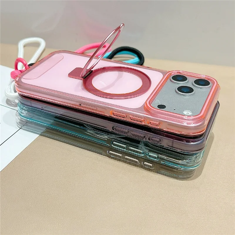 For iPhone 17 Pro Magnetic Case Kickstand Clear TPU Phone Back Cover with Wrist Strap - Pink