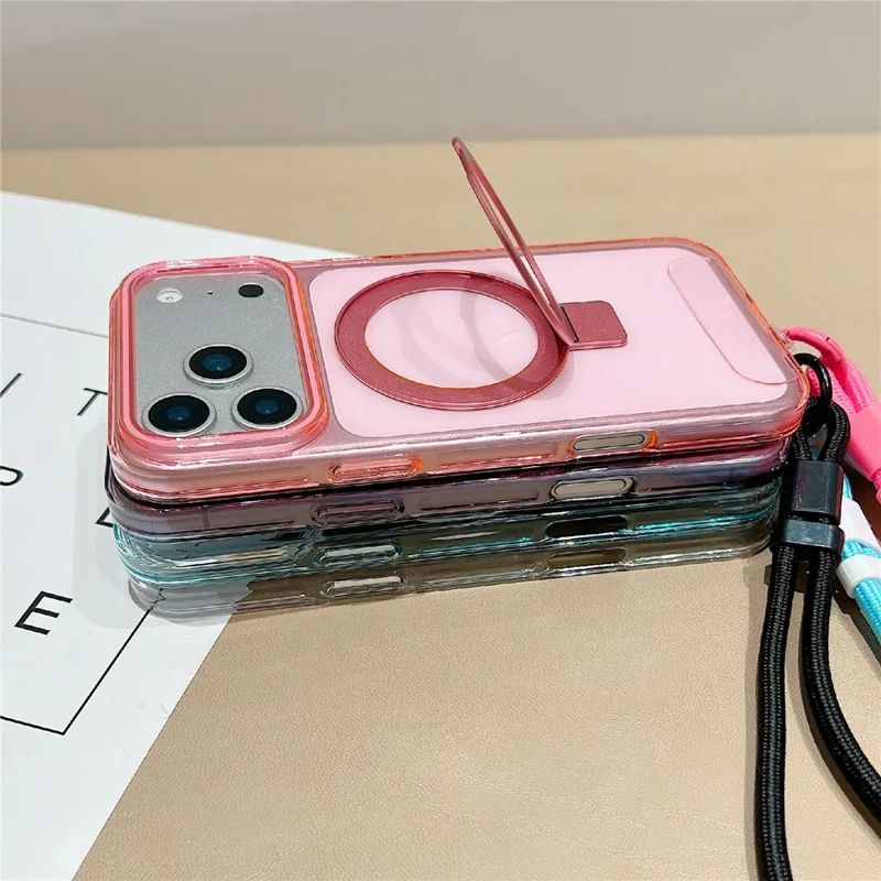 For iPhone 17 Pro Magnetic Case Kickstand Clear TPU Phone Back Cover with Wrist Strap - Pink