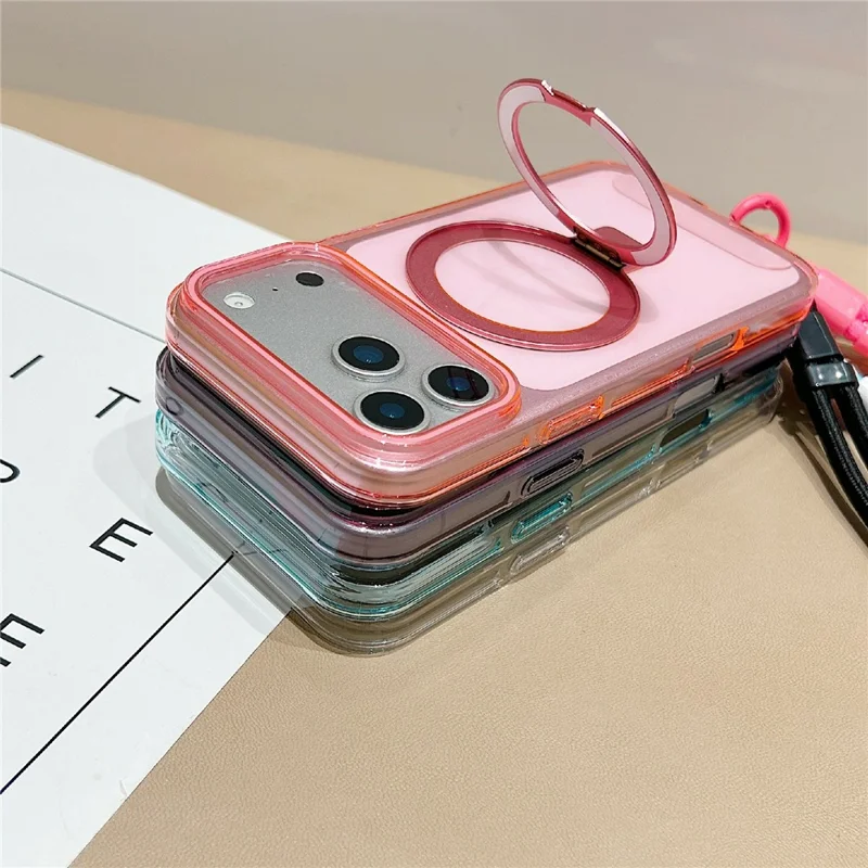 For iPhone 17 Pro Magnetic Case Kickstand Clear TPU Phone Back Cover with Wrist Strap - Pink