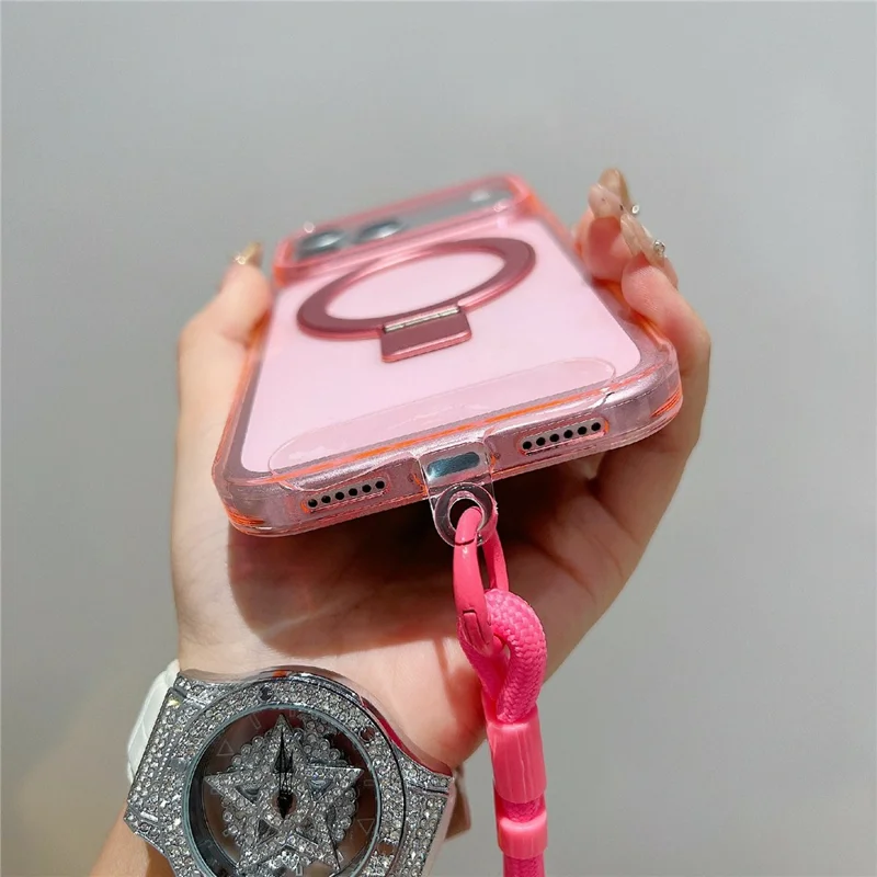 For iPhone 17 Pro Magnetic Case Kickstand Clear TPU Phone Back Cover with Wrist Strap - Pink