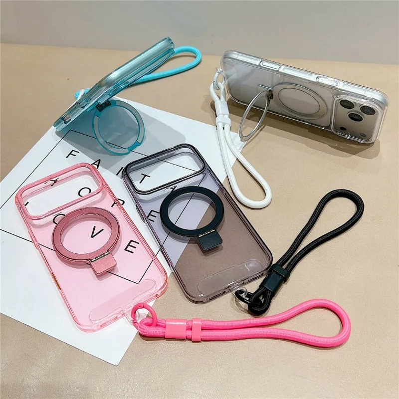 For iPhone 17 Pro Magnetic Case Kickstand Clear TPU Phone Back Cover with Wrist Strap - Pink