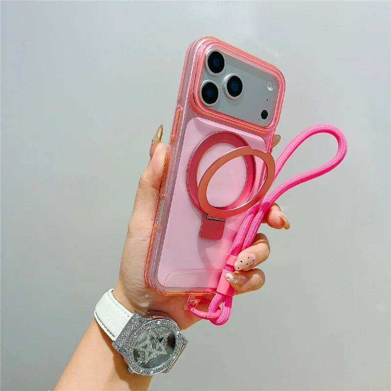 iPhone 17 Pro Max Magnetische Hülle mit Ständer, Klar TPU Telefon-Rückseite mit Handgelenkschlaufe - Pink
