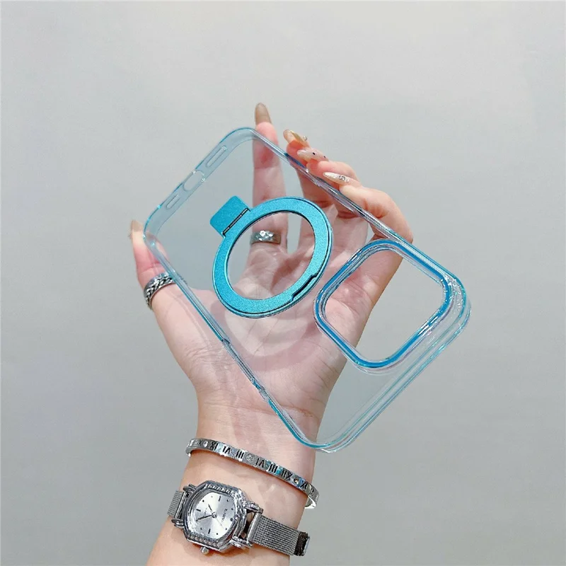 Custodia magnetica per iPhone 16 Pro, cover posteriore in TPU trasparente con supporto - Blu