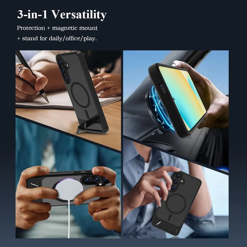 LEREACH Le-Chic Series For Samsung Galaxy S25 FE Magnetic Case Kickstand TPU + PC Phone Cover - Black