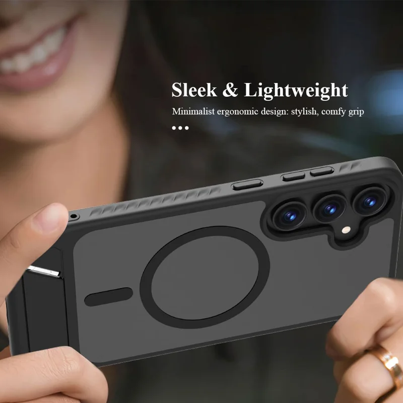 LEREACH Le-Chic Series For Samsung Galaxy S25 FE Magnetic Case Kickstand TPU + PC Phone Cover - Black