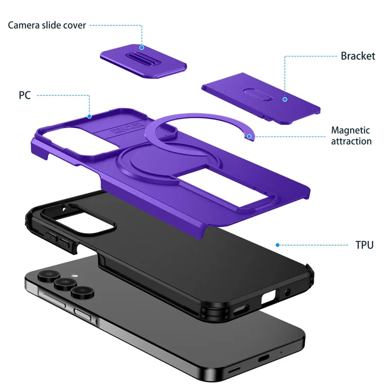 For Samsung Galaxy A16 5G / 4G Case Kickstand Camera Slider PC + TPU Phone Cover Magnetic Case - Purple