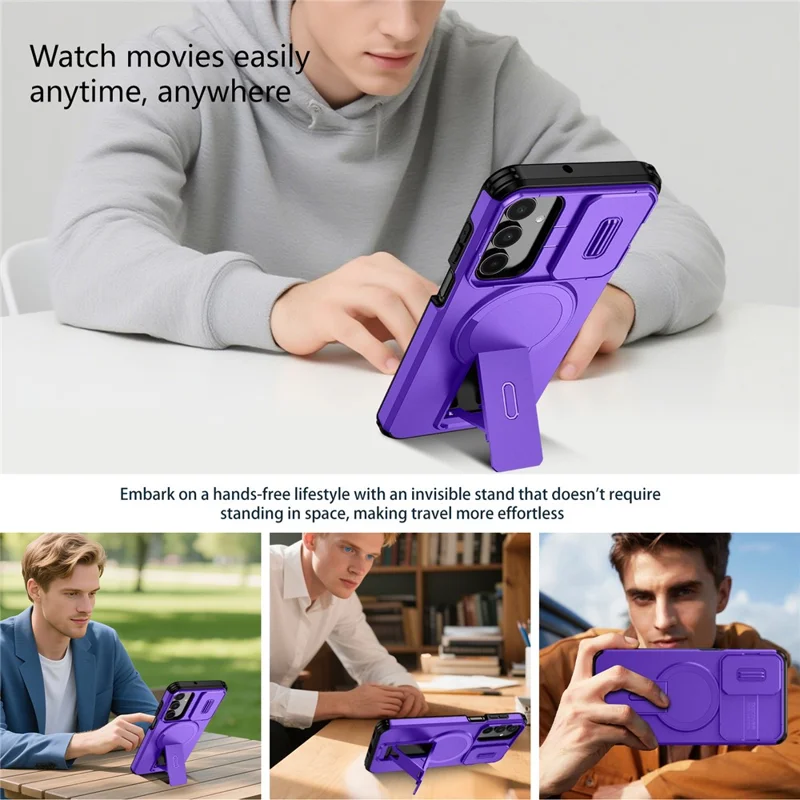 For Samsung Galaxy A16 5G / 4G Case Kickstand Camera Slider PC + TPU Phone Cover Magnetic Case - Purple