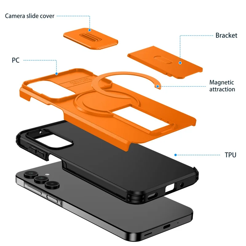 For Samsung Galaxy A16 5G / 4G Case Kickstand Camera Slider PC + TPU Phone Cover Magnetic Case - Orange