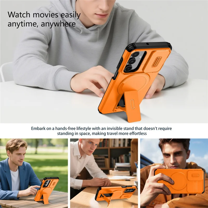 For Samsung Galaxy A16 5G / 4G Case Kickstand Camera Slider PC + TPU Phone Cover Magnetic Case - Orange