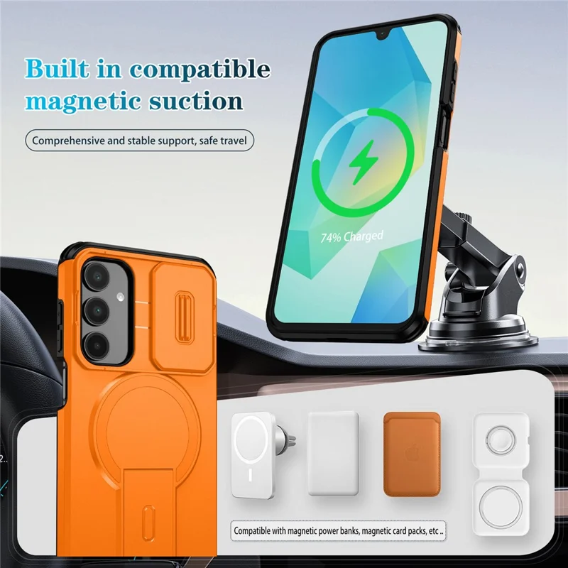 For Samsung Galaxy A16 5G / 4G Case Kickstand Camera Slider PC + TPU Phone Cover Magnetic Case - Orange