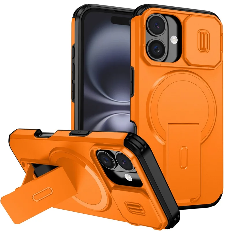 For iPhone 16 Case Kickstand Camera Slider PC + TPU Phone Cover Compatible with MagSafe - Orange