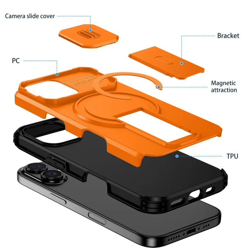 For iPhone 16 Case Kickstand Camera Slider PC + TPU Phone Cover Compatible with MagSafe - Orange