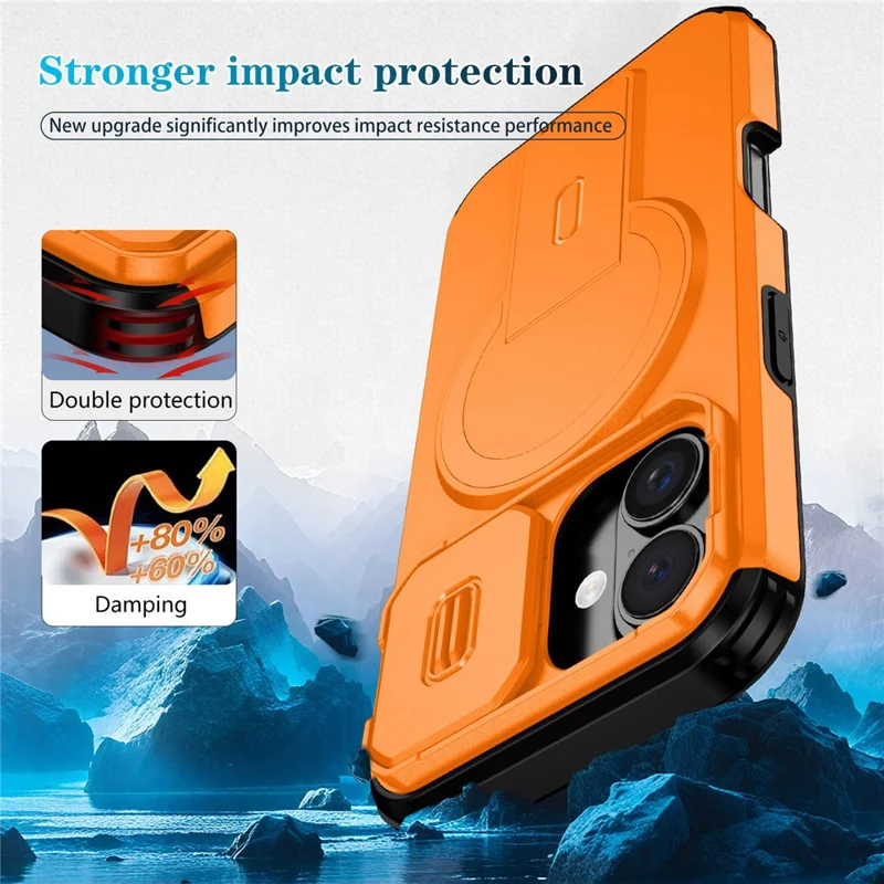 For iPhone 16 Case Kickstand Camera Slider PC + TPU Phone Cover Compatible with MagSafe - Orange